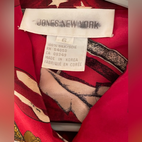 Jones New York Red Silk Blouse with White and Brown Prints - Picture 5 of 5